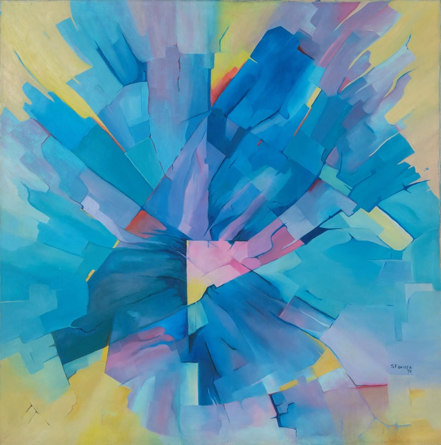 Evolución Cromática, obra de Susana Fanizza Guarini. Óleo sobre tela, Mendoza, Argentina. Pintura abstracta con formas radiales y degradés de azul, rosado y amarillo que evocan movimiento y evolución interior. Image title: Evolución Cromática – Pintura de Susana Fanizza Guarini