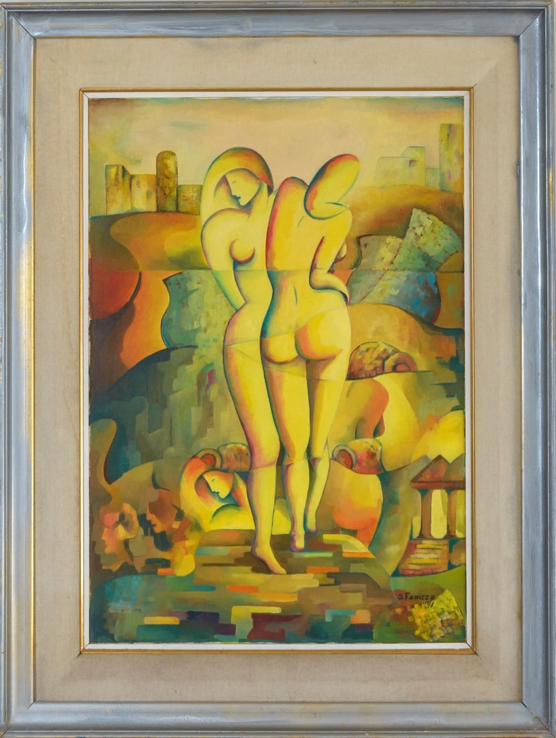Las Bañistas - Susana Fanizza Guarini - Arte contemporáneo argentino Pinturas al Óleo de Susana Fanizza Guarini - Obra Las Bañistas Pintura contemporánea con dos figuras femeninas desnudas en un paisaje simbólico de tonos cálidos.