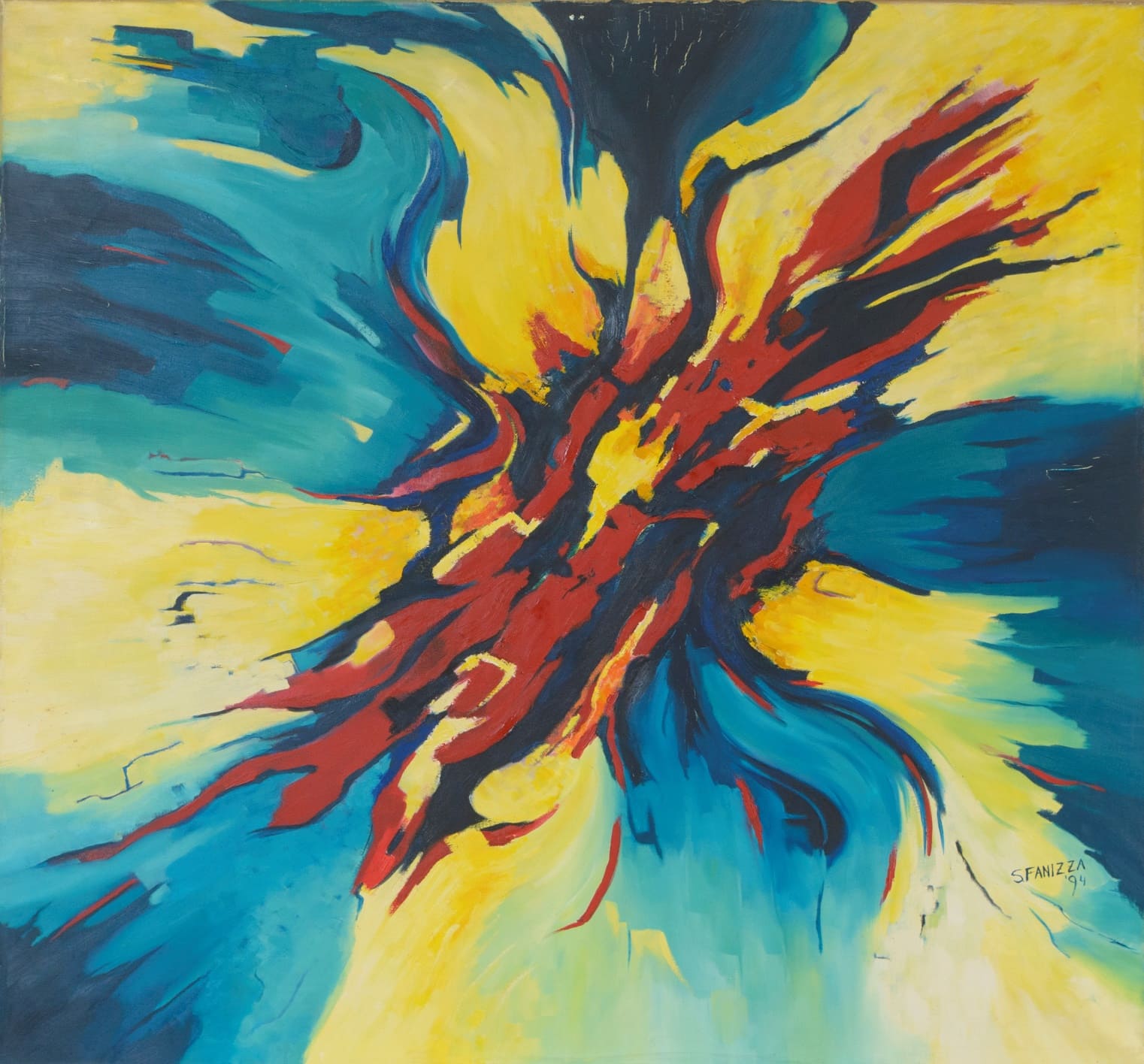 acrilicos_susana_fanizza_guarini_5 Pintura abstracta con formas radiales y degradés de azul, rosado y amarillo que evocan movimiento y evolución interior. Image title: Evolución Cromática – Pintura de Susana Fanizza Guarini